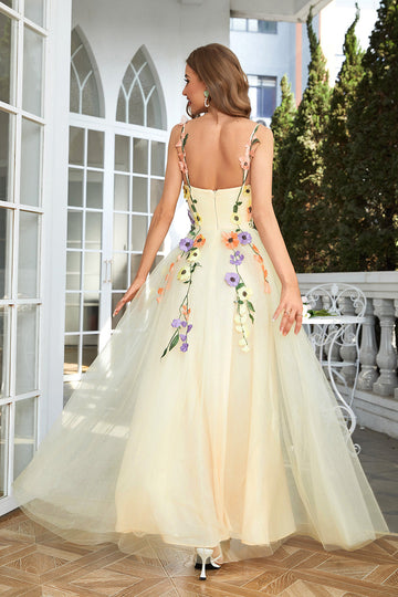 Champagne Spaghetti Straps Tulle Formal Dress With 3D Flowers